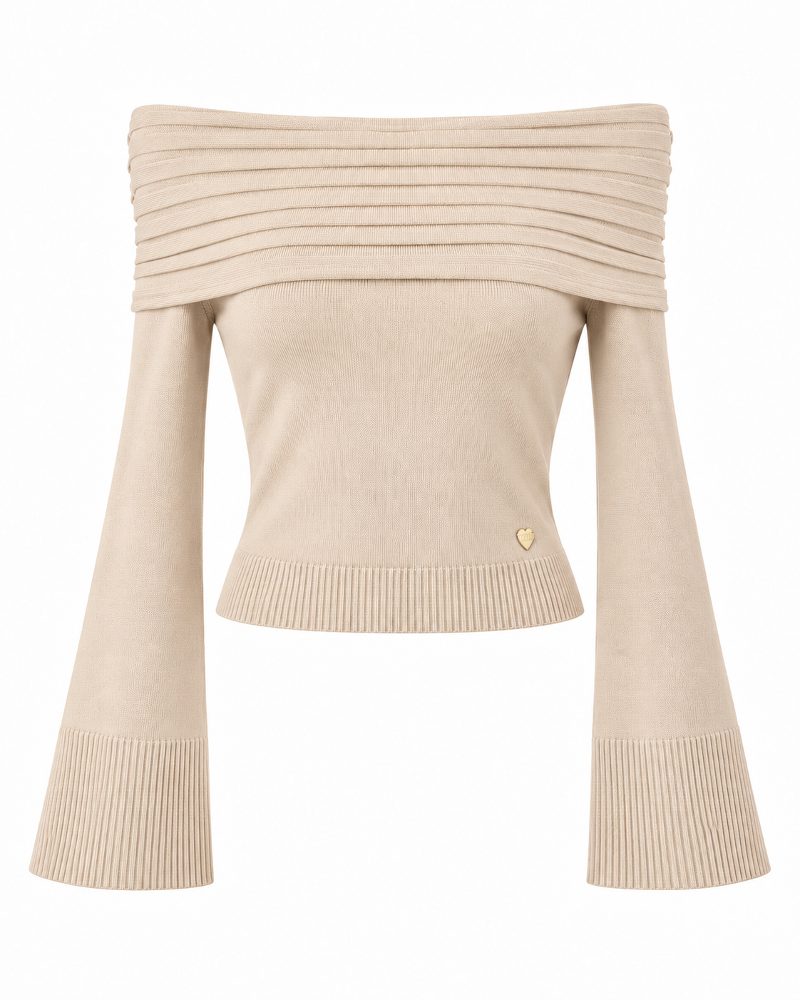 Jersey con escote de pliegues y mangas acampanadas — beige-frente