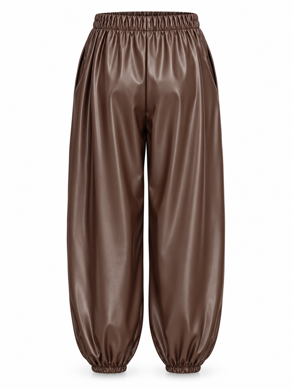 Pantalón brillante con bolsillos y bajos fruncidos — marron-espalda