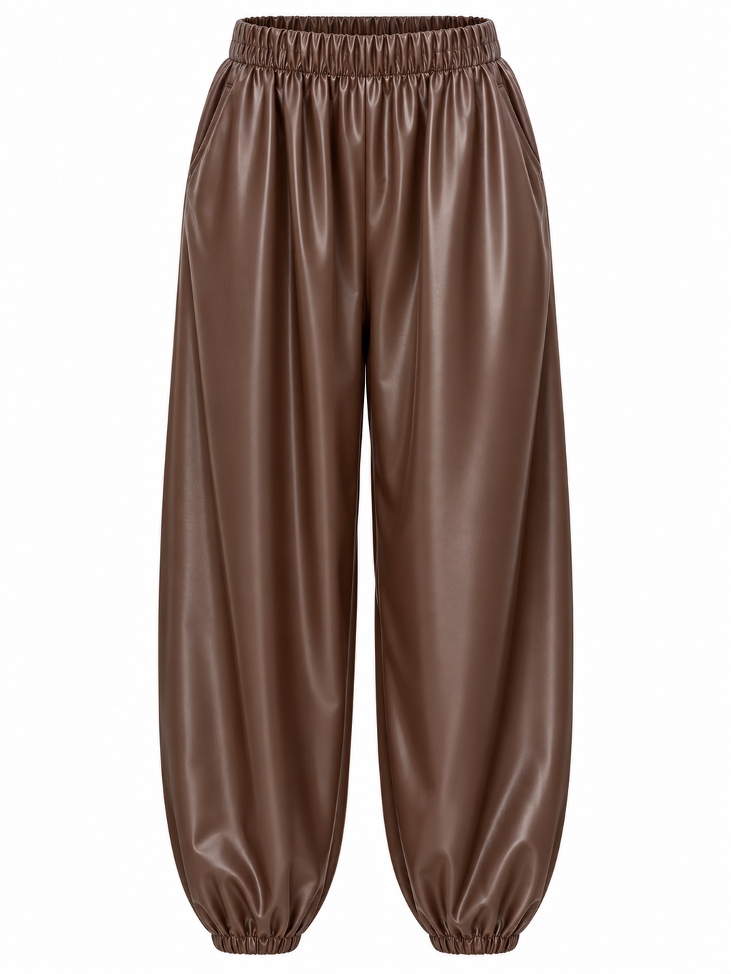 Pantalón brillante con bolsillos y bajos fruncidos — marron-frente