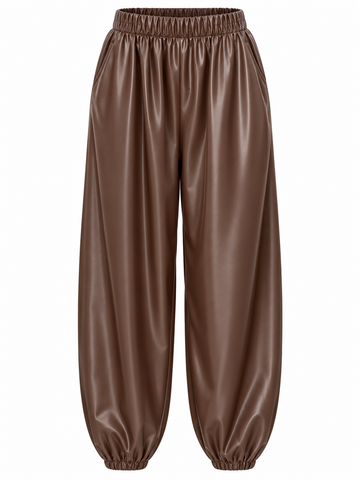 Pantalón brillante con bolsillos y bajos fruncidos — marron-frente