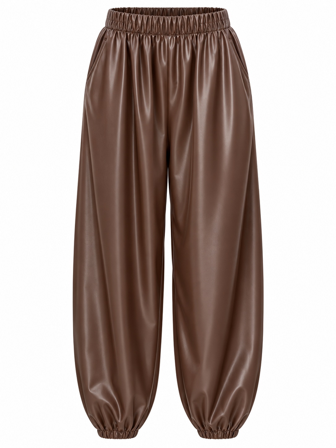 Pantalón brillante con bolsillos y bajos fruncidos — marron-frente