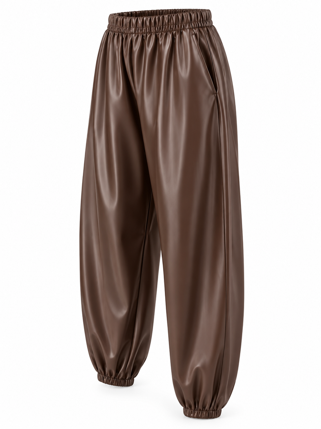 Pantalón brillante con bolsillos y bajos fruncidos — marron-lateral-derecho