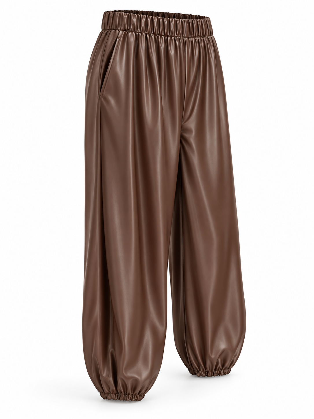 Pantalón brillante con bolsillos y bajos fruncidos — marron-lateral-izquierdo