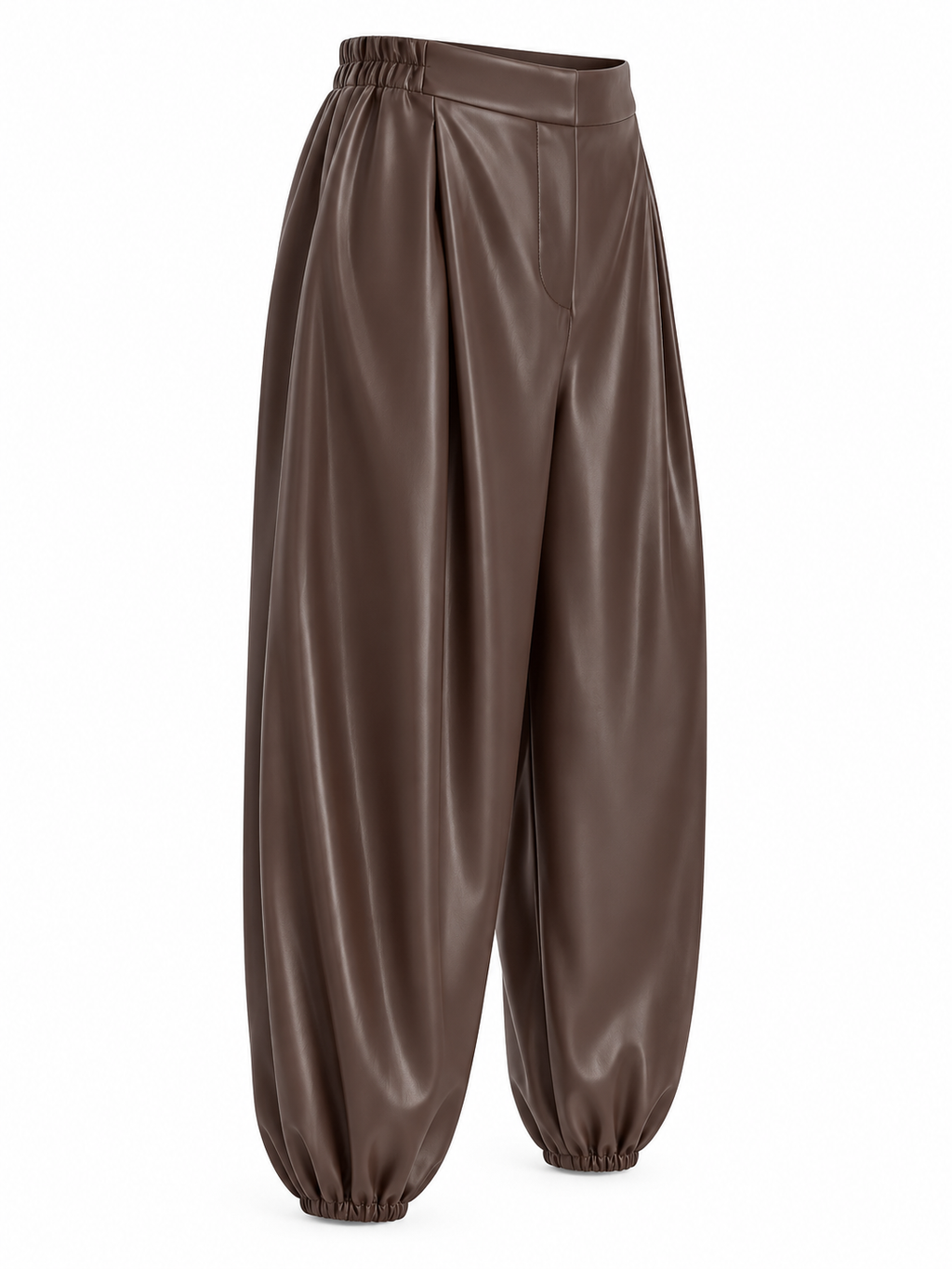 Pantalón de acabado brillante con bajos fruncidos — marron-lateral-izquierdo