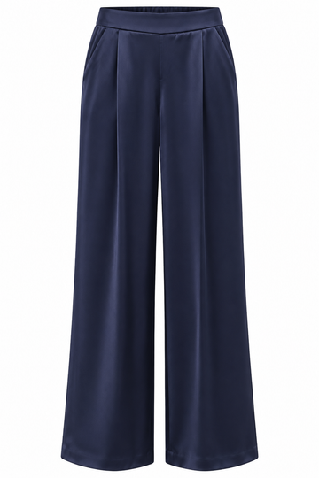 Pantalón satinado azul marino de pierna ancha — frente