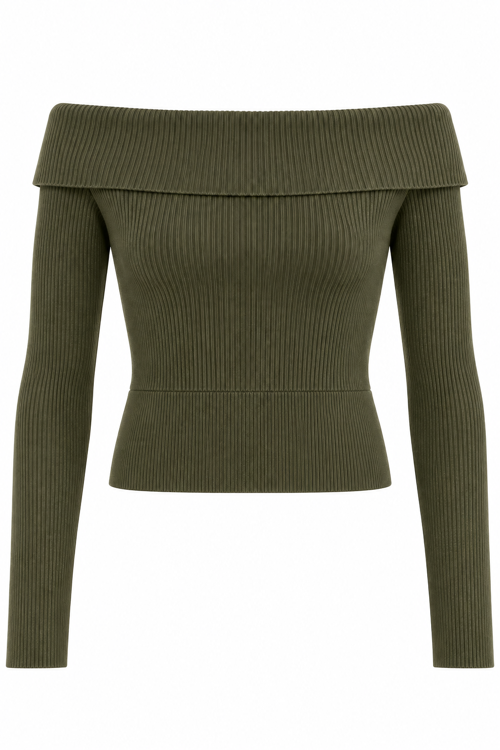 Jersey de canalé con hombros descubiertos verde oliva — frente