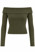 Jersey de canalé con hombros descubiertos verde oliva — frente