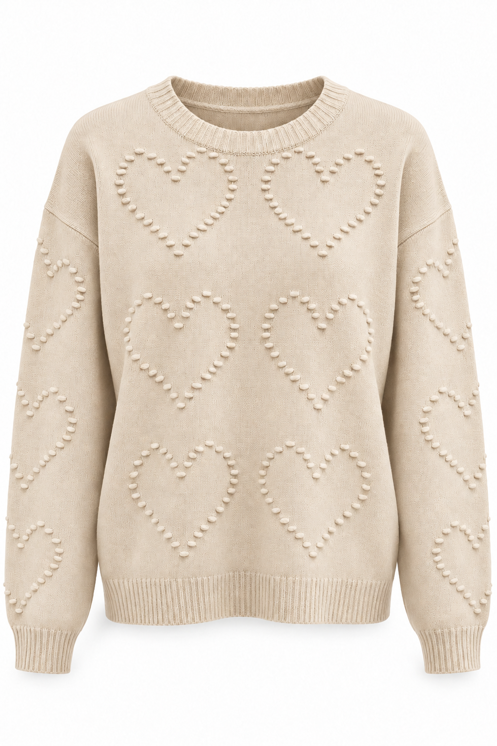 Jersey de punto con corazones en relieve beige — frontal