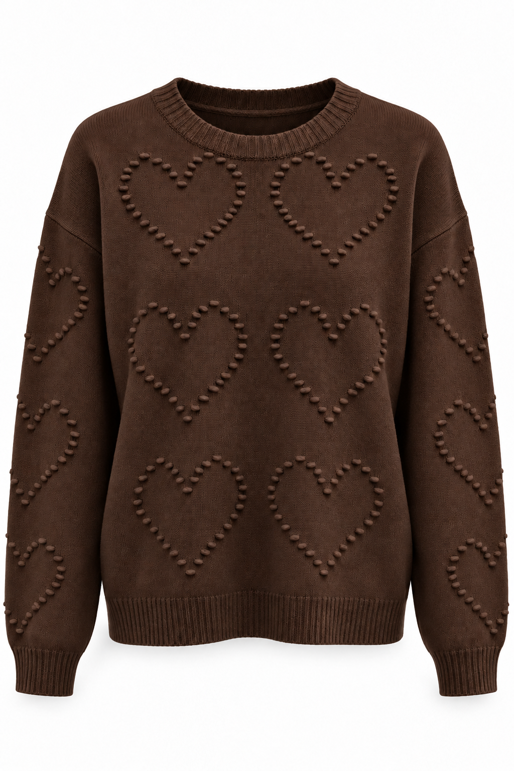 Jersey de punto con corazones en relieve marrón chocolate — frontal