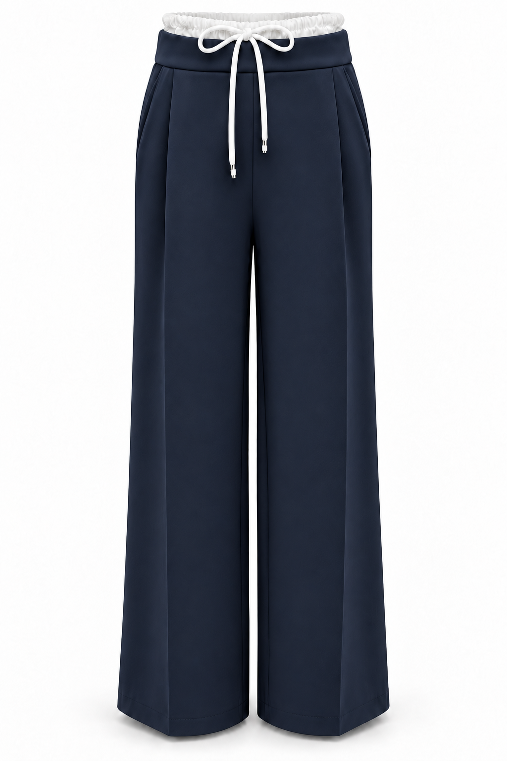 Pantalón de pernera ancha azul marino con cintura blanca, vista frontal
