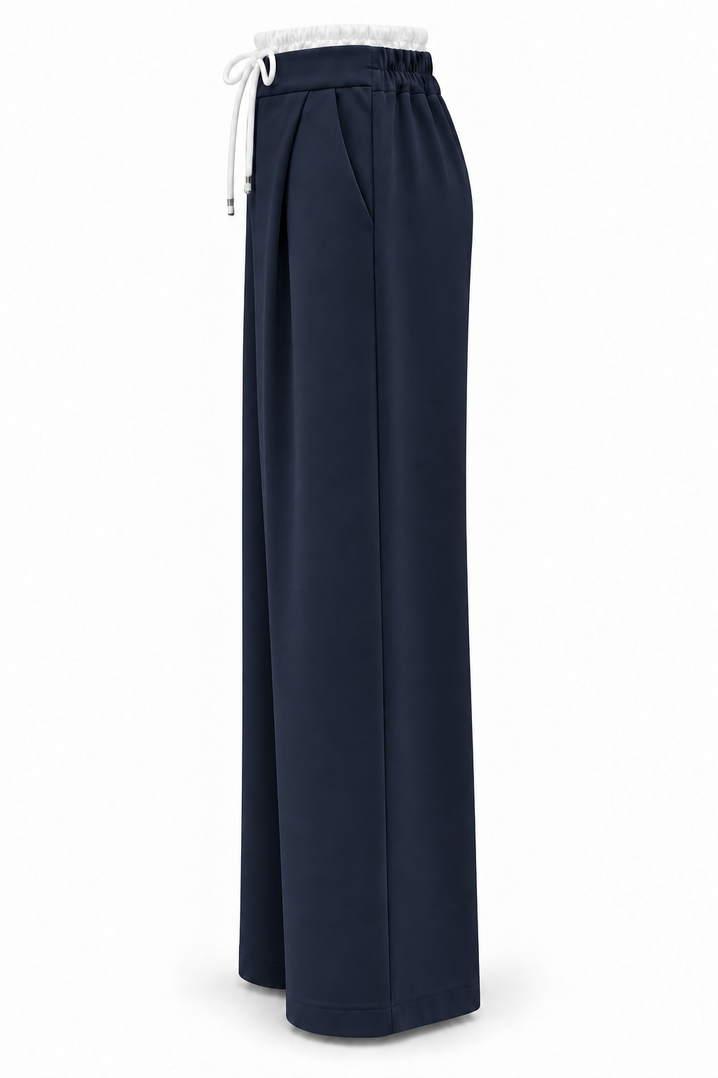 Pantalón de pernera ancha azul marino con cintura blanca, vista lateral-1