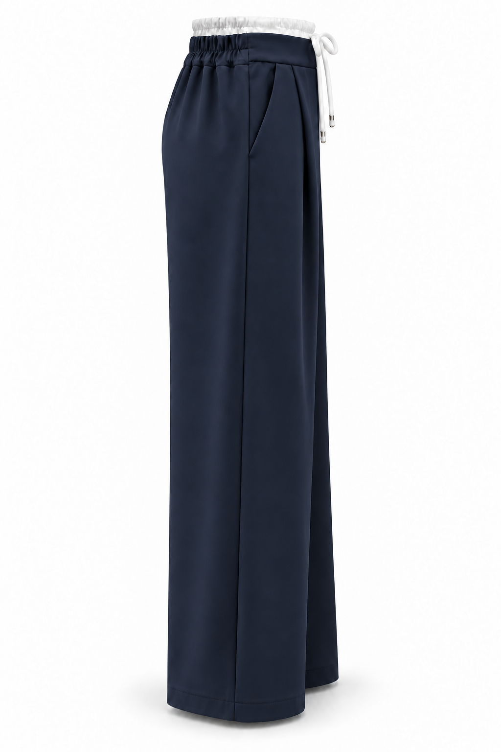 Pantalón de pernera ancha azul marino con cintura blanca, vista lateral-2