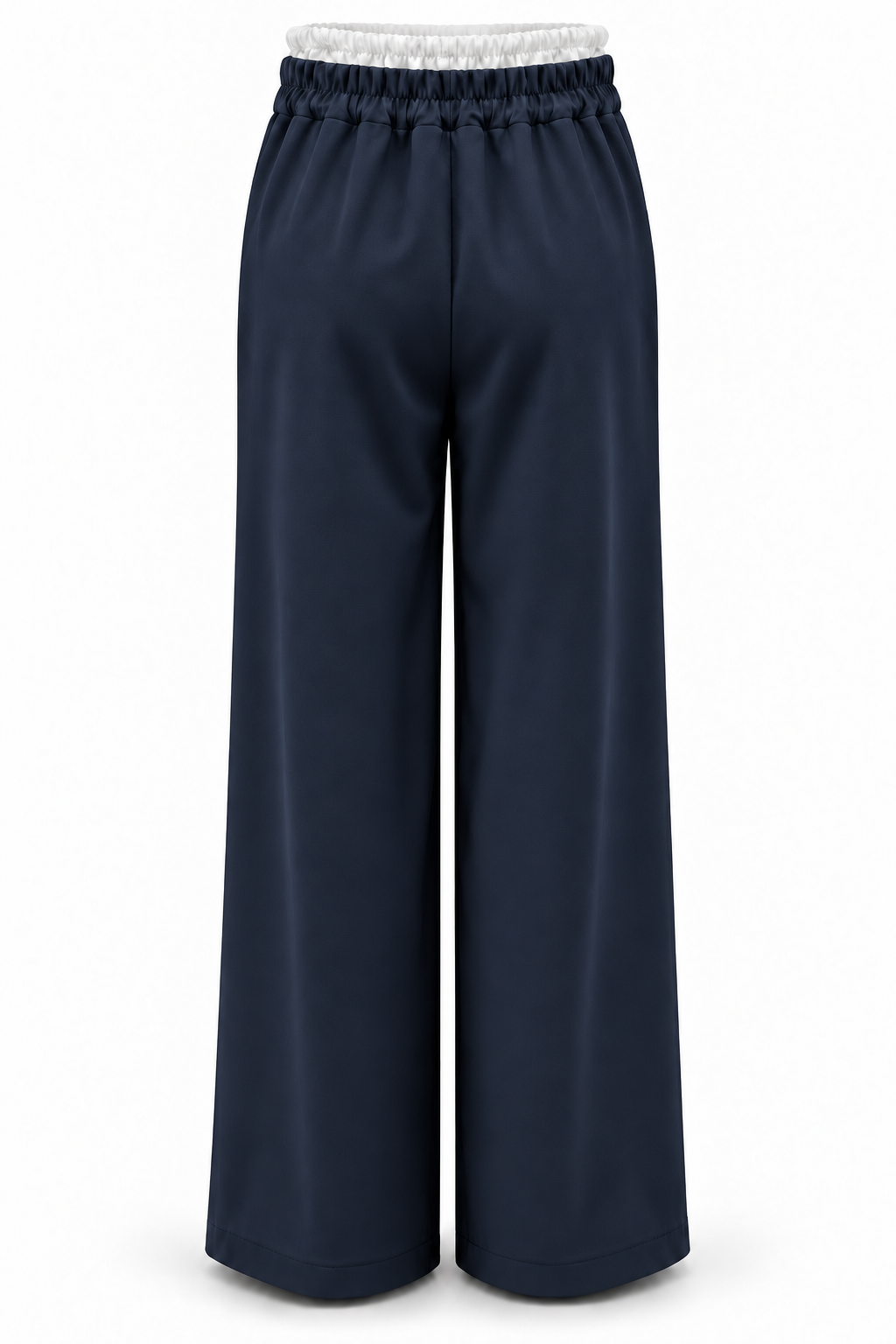 Pantalón de pernera ancha azul marino con cintura blanca, vista trasera