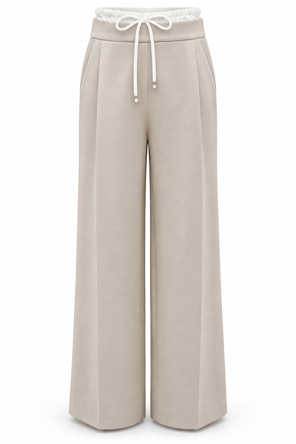Pantalón de pernera ancha beige con cintura blanca, vista frontal