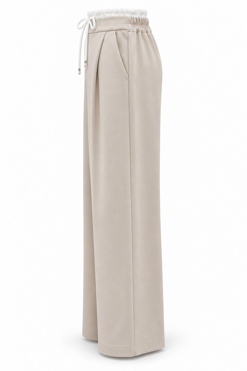 Pantalón de pernera ancha beige con cintura blanca, vista lateral-1