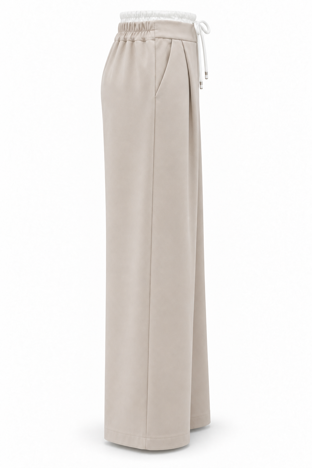 Pantalón de pernera ancha beige con cintura blanca, vista lateral-2