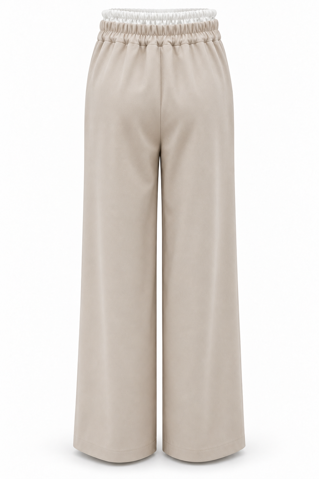Pantalón de pernera ancha beige con cintura blanca, vista trasera