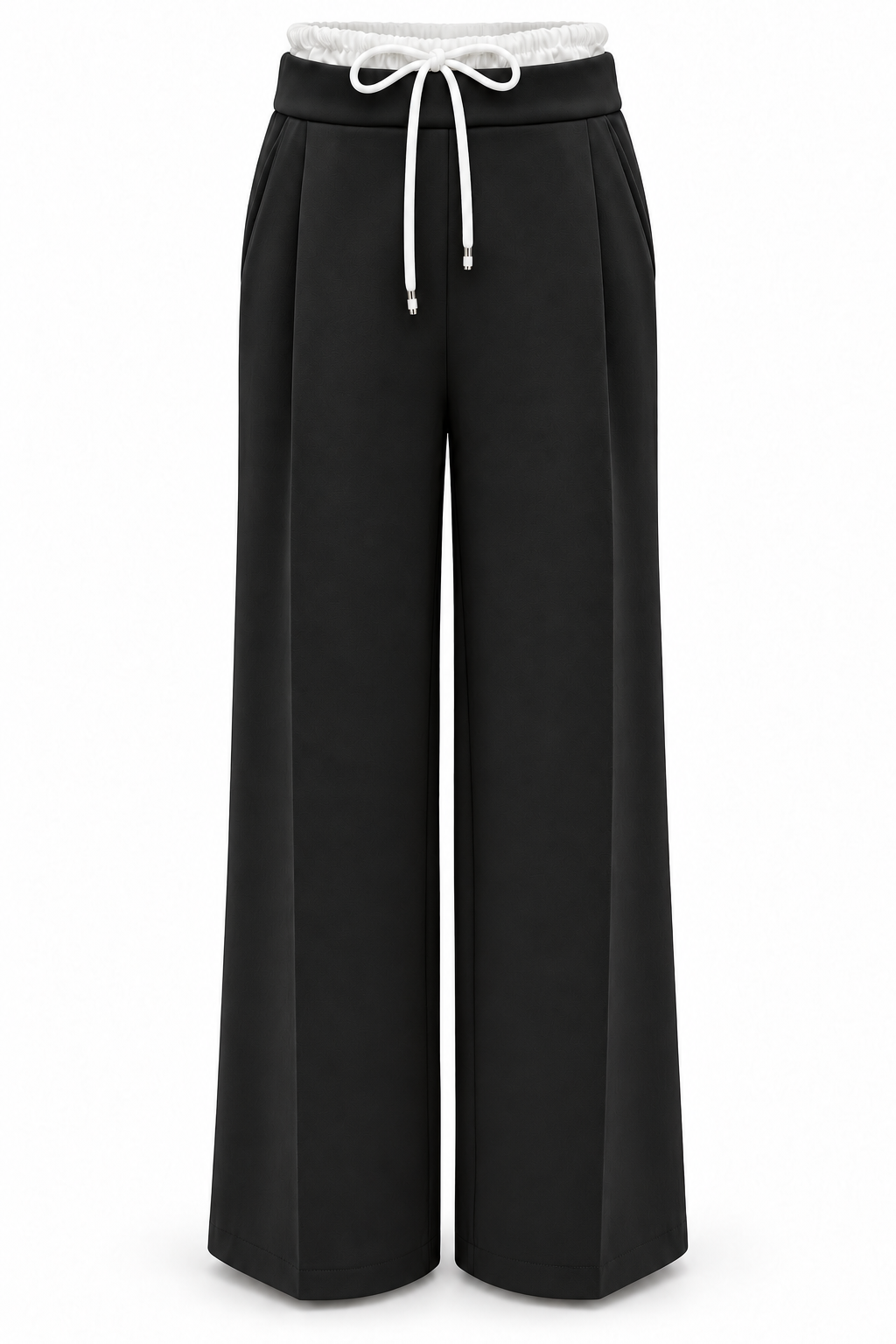 Pantalón de pernera ancha negro con cintura blanca, vista frontal