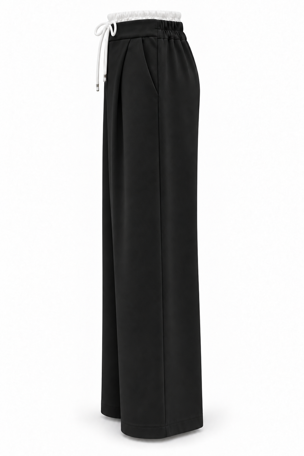 Pantalón de pernera ancha negro con cintura blanca, vista lateral-1