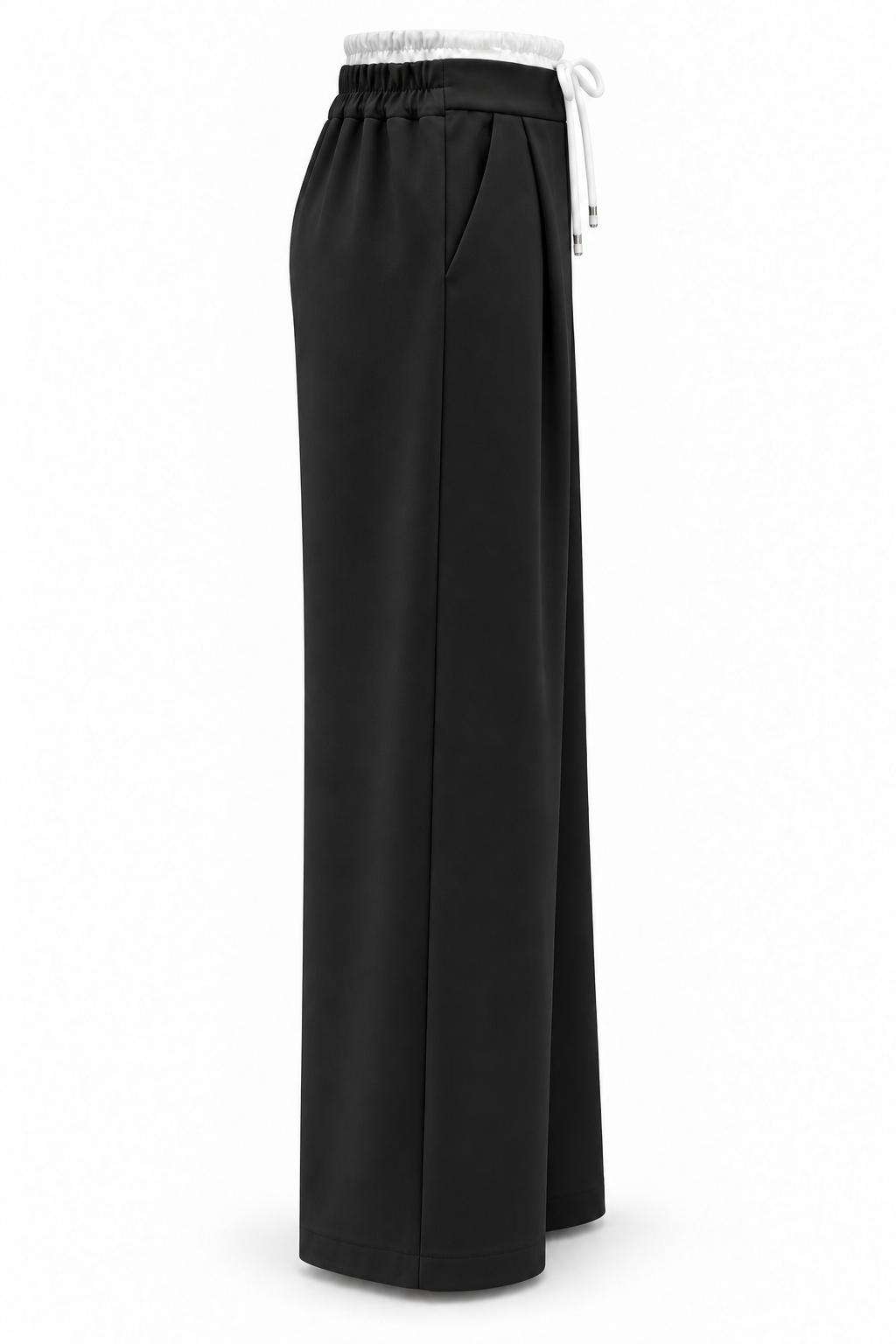 Pantalón de pernera ancha negro con cintura blanca, vista lateral-2