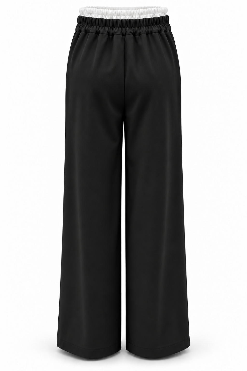 Pantalón de pernera ancha negro con cintura blanca, vista trasera