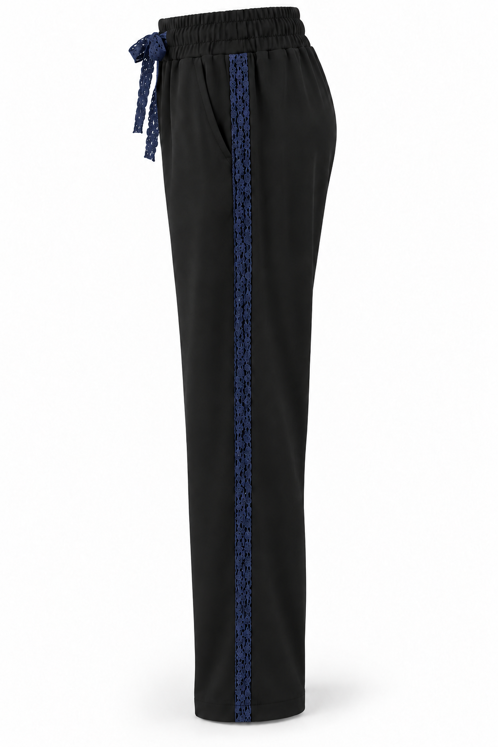 Pantalón negro con encaje azul marino, vista lateral-2