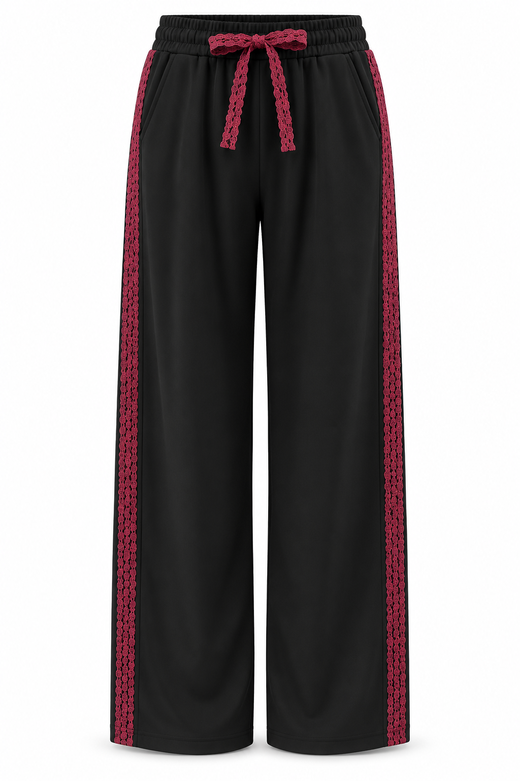 Pantalón negro con encaje granate, vista frontal