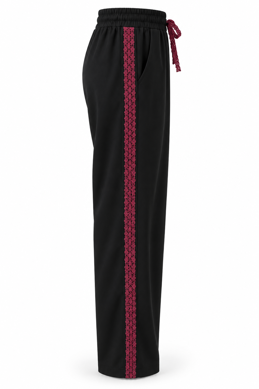 Pantalón negro con encaje granate, vista lateral-1