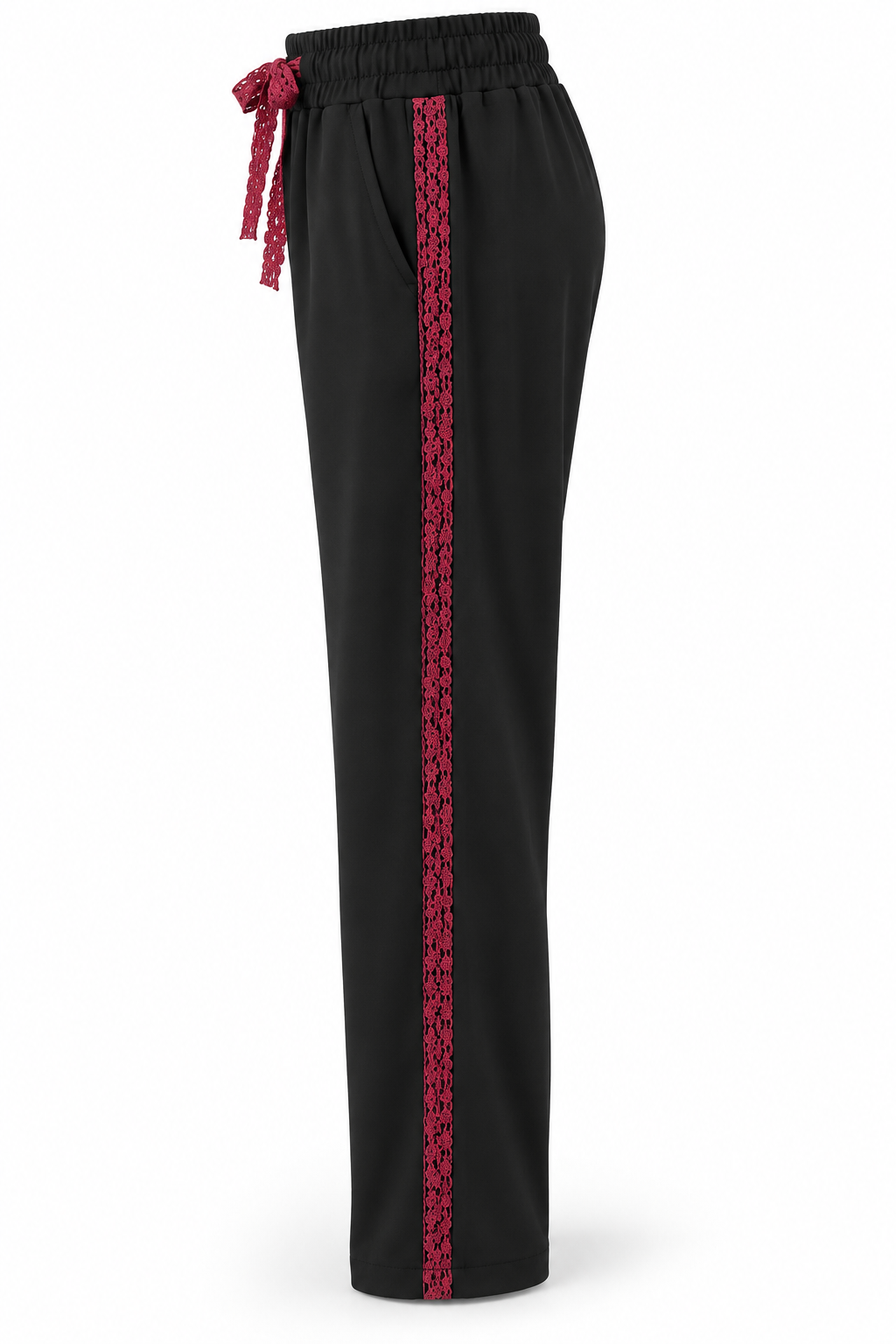 Pantalón negro con encaje granate, vista lateral-2