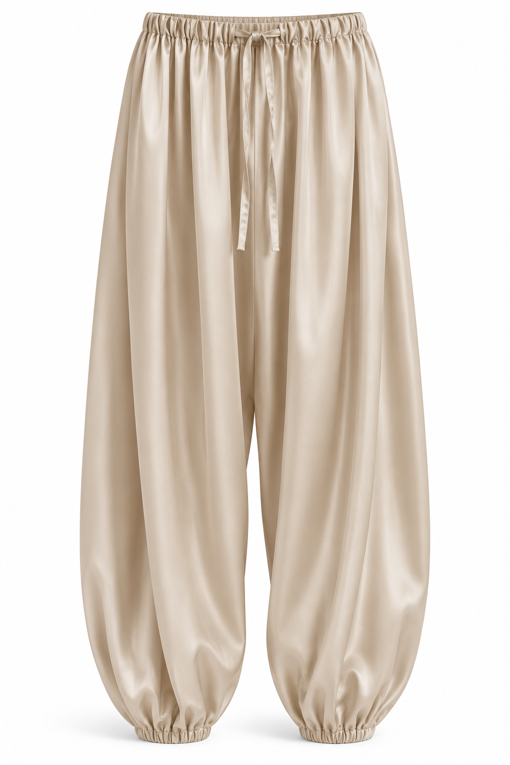 Pantalón satinado bombacho con cintura elástica y cordón — beige-frente