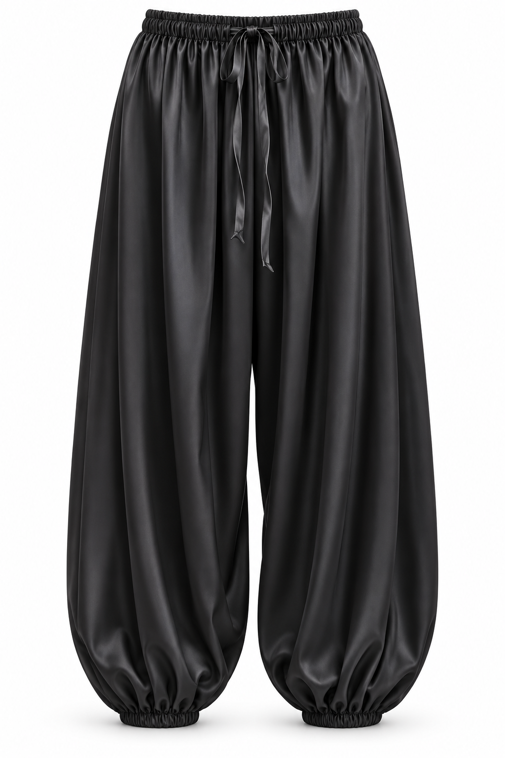 Pantalón satinado bombacho con cintura elástica y cordón — negro-frente
