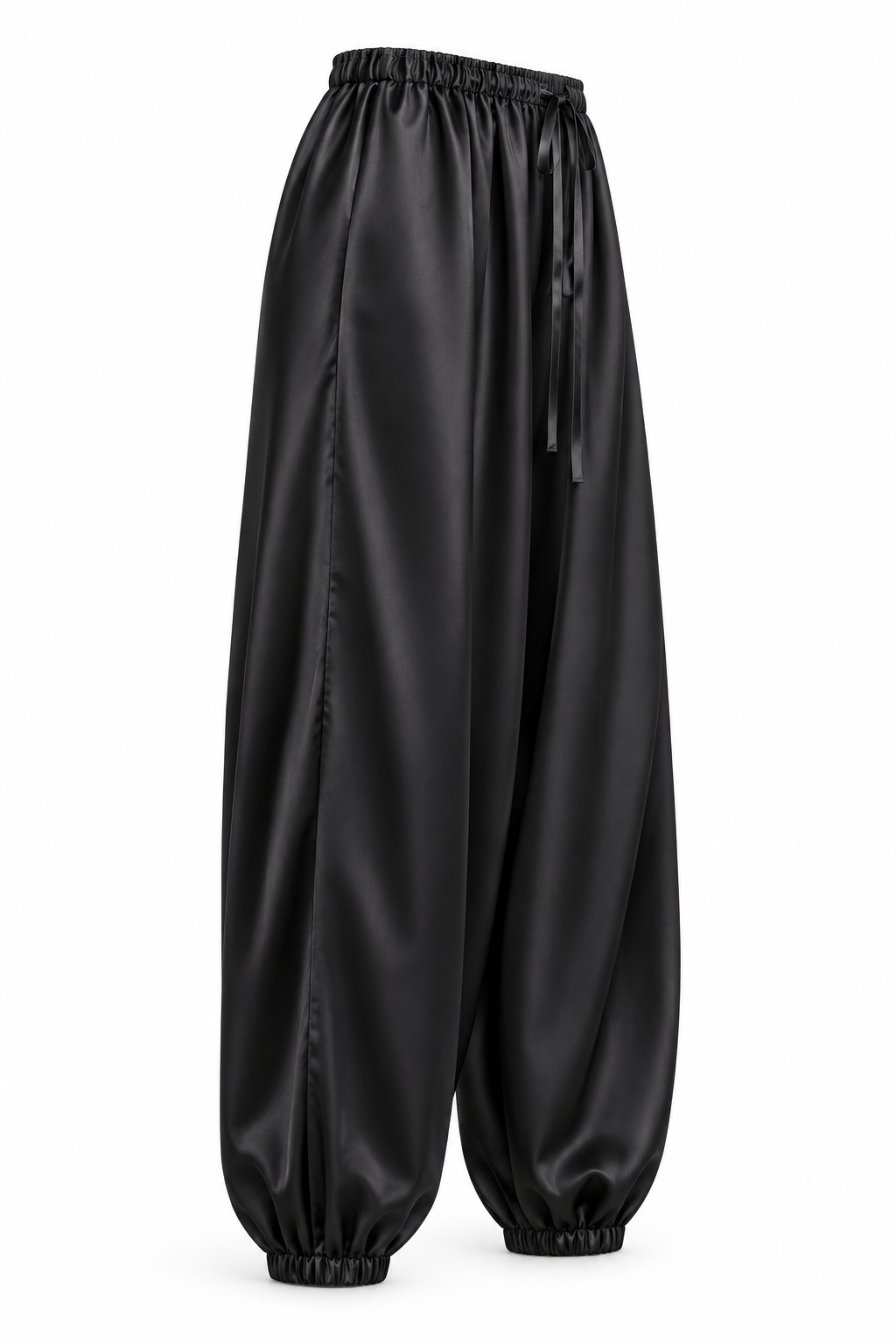 Pantalón satinado bombacho con cintura elástica y cordón — negro-lateral-derecho
