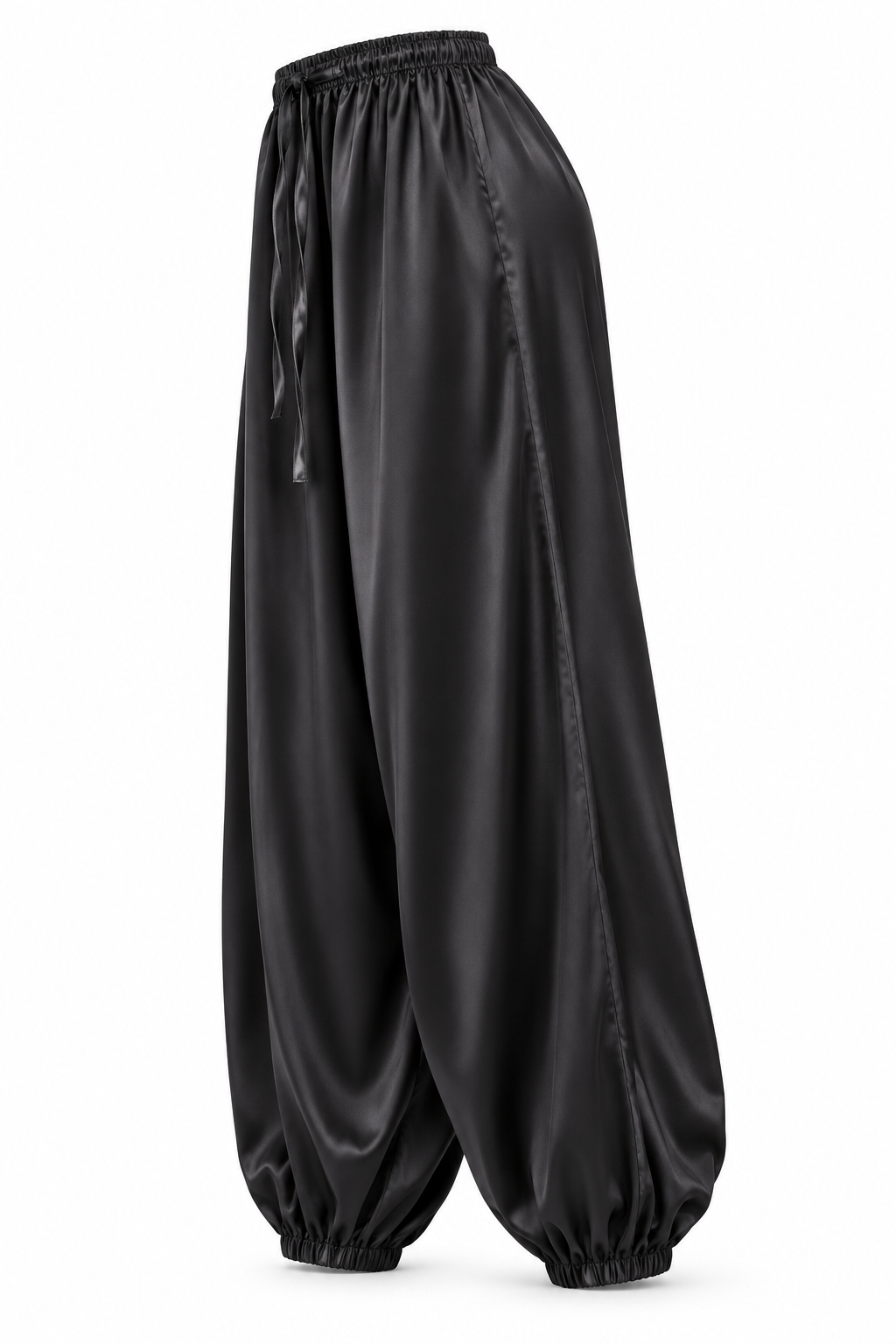 Pantalón satinado bombacho con cintura elástica y cordón — negro-lateral-izquierdo