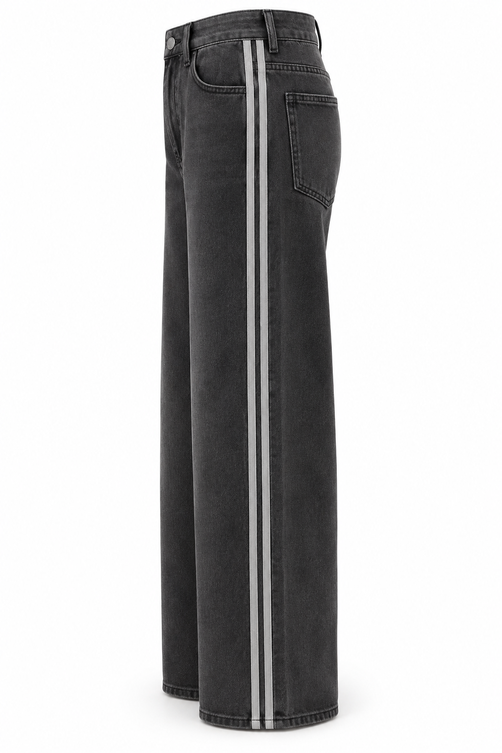 Vaquero gris oscuro con doble franja lateral — lateral-izquierdo